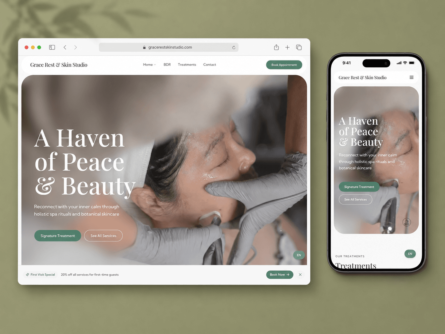 Grace Rest Skin Studio desktop and mobile homepage mockups