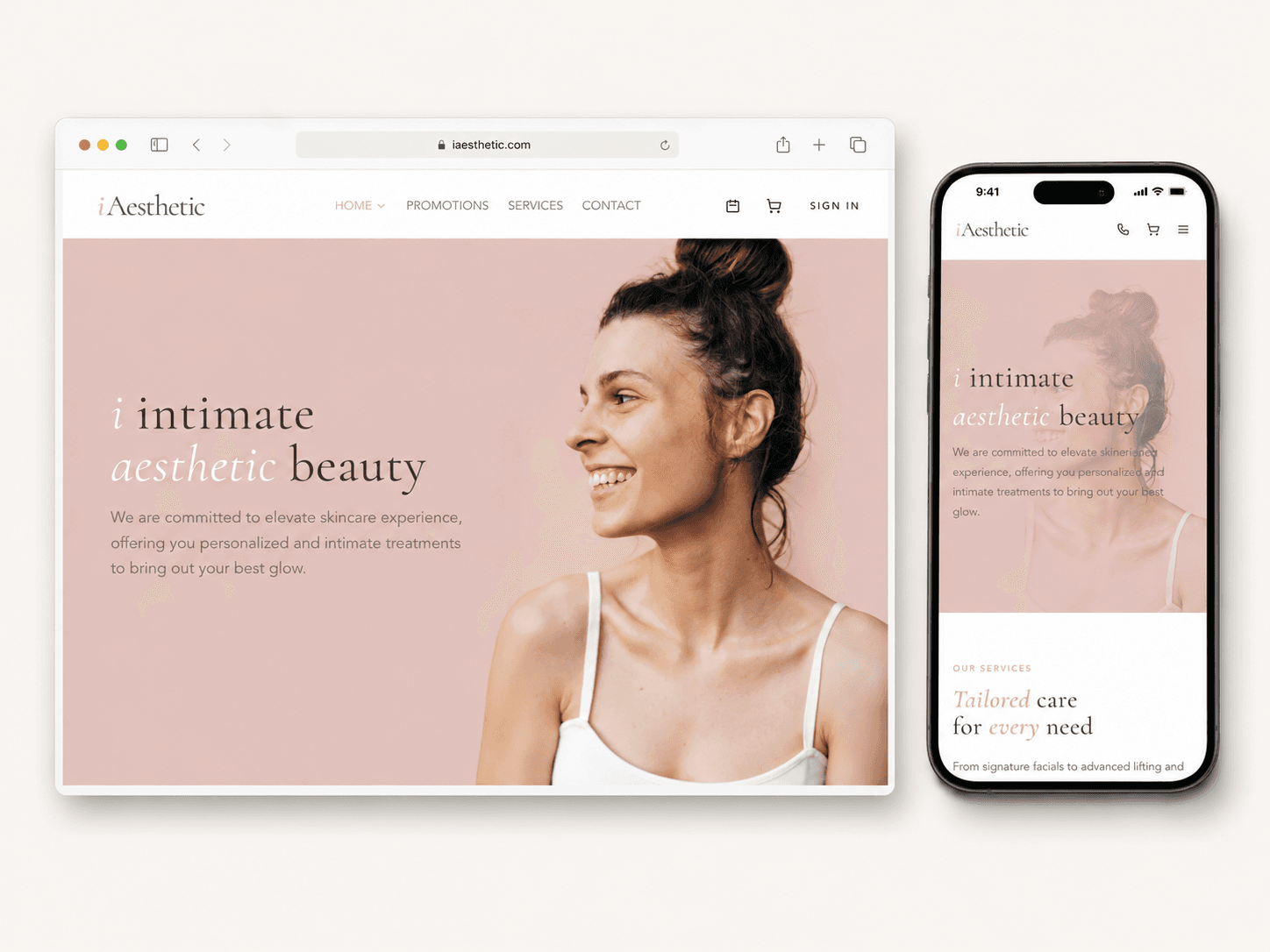 iAesthetic desktop and mobile website homepage mockups