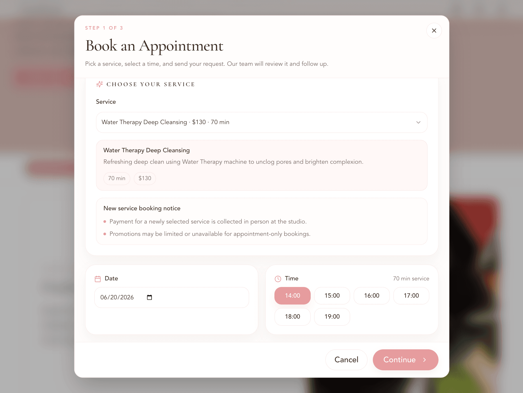 iAesthetic appointment booking modal with service, date, and time selection