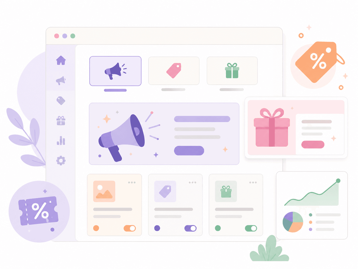 iAesthetic promotion tools dashboard illustration with campaigns, gifts, and analytics