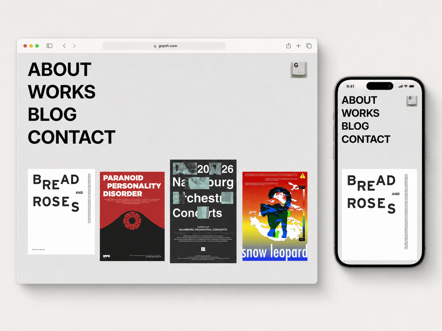 goyohisgoyoh desktop and mobile portfolio mockups showing navigation and poster work